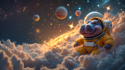 A smiling hippo astronaut floating among colorful planets, stars, and clouds in a surreal.