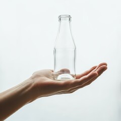 Hand of person holding glass bottle with white background