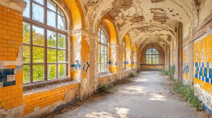 Fototapeta premium Abandoned Corridor with Overgrown Windows and Windows