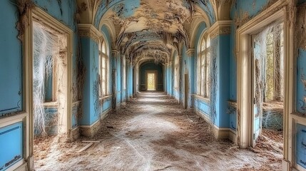 Fototapeta premium Abandoned Hallway with Cobwebs and Decaying Walls