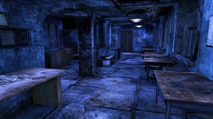 Abandoned Blue Room Interior with Tables and Shadows