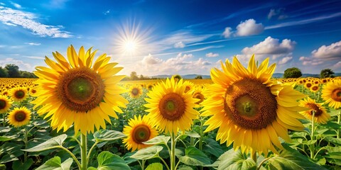 Obraz premium Scenic Summer Field of Sunflowers - Vibrant Yellow Blooms, Blue Sky, Nature Photography, Beautiful Landscape, Floral Beauty, Outdoor Serenity, Summer Vibes, Sunshine, Agriculture, Sunny Day