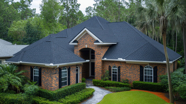 beautiful brick house with dark shingle roof surrounded by lush greenery and palm trees, showcasing well maintained landscape and inviting entrance