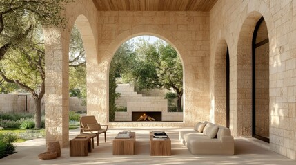 Fototapeta premium Elegant Outdoor Living Space with Arches and Soft Furnishings