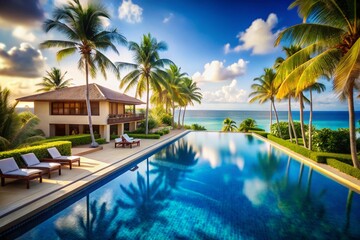 Fototapeta premium Serene Beachfront Villa with Infinity Pool and Palm Trees Overlooking the Ocean on a Sunny Day - Tranquil Luxury Escape