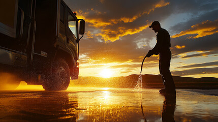 Fototapeta premium Truck driver washing his rig at sunset, creating serene atmosphere with water splashes reflecting golden light. silhouette adds dramatic touch to scene