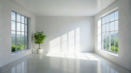 Fototapeta premium Serene Empty White Room with Window Shadows, Minimalist Design, Natural Light, Tranquil Atmosphere, Modern Interior, Peaceful Ambiance, Architectural Photography, Simple Aesthetic