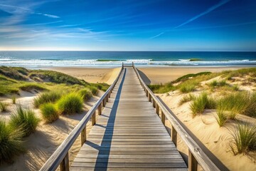 Fototapeta premium Serene Minimalist Wooden Walkway Leading to Tranquil Ocean Beach Dunes - Perfect for Nature and Travel Photography, Coastal Escape, and Relaxation Themes
