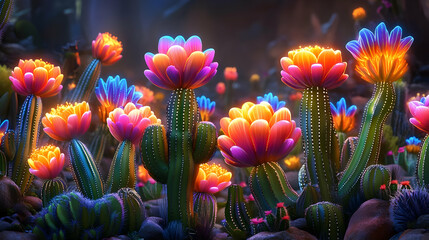 Cactus Flowers Glowing in the Dark - 3D Illustration