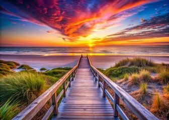 Fototapeta premium Serene Sunset on a Wooden Boardwalk Leading to a Tranquil Beach