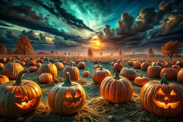 Sinister Pumpkin Faces in a Spooky Patch Under a Cyan Sky - Drone Photography