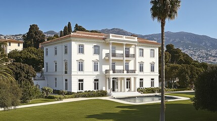 Fototapeta premium Elegant White Villa with Scenic Mountain Background