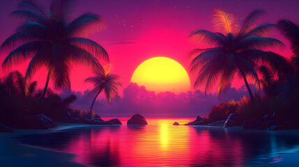 Sunset Palm Trees Beach Illustration