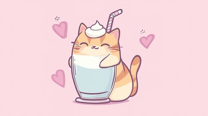 A delightful illustration of a cute kawaii cat enjoying a milkshake, featuring large expressive eyes and a playful pose. This charming design captures the essence of kawaii culture,