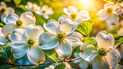 Fototapeta premium Soft White Dogwood Flowers Blooming in Spring - Macro Photography of Nature's Beauty, Floral Close-Up, Springtime Blossoms, Seasonal Changes, Delicate Petals, Vibrant Flora