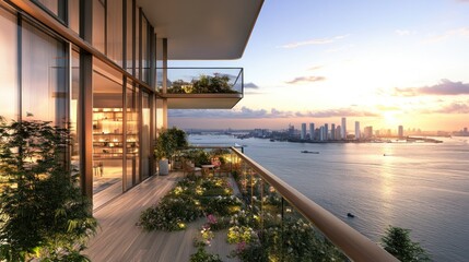 Modern balcony overlooking a city skyline at sunset with lush greenery.