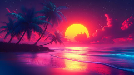 Naklejka premium Tropical Sunset Beach Scene - Digital Illustration