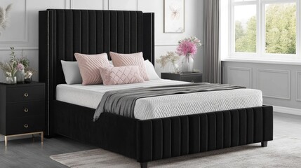 Modern Velvet Bed with Chic Decor in Bright Room