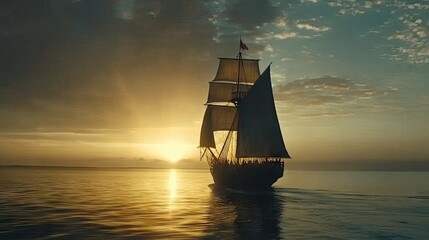 Obraz premium Majestic Sailing Ship at Sunset on Calm Water