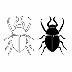 set of side-by-side beetle illustrations on a white background: the outline of the left beetle is black on white, and the right one is white on black.beetle logo icon
