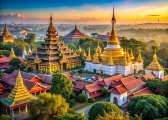 Naklejka premium Stunning Architectural Photography of Mandalay, Myanmar, Showcasing Iconic Landmarks, Cultural Heritage Sites, Travel Attractions, and Unique Architectural Details