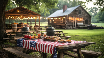 Rustic Cabin Picnic Table with American Flag Tablecloth - Photo