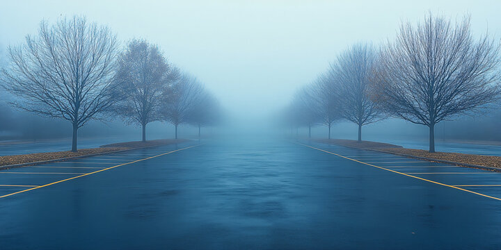 An ethereal fog-covered parking lot, perfect for designs related to mystery, solitude, and tranquil events like meditation retreats or serene winter scenes.