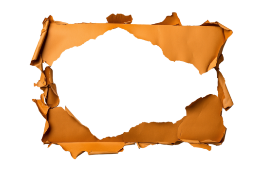 A piece of orange paper creatively torn to form a frame with a blank white center, perfect for adding custom content. The edges are artistically rugged and dynamic.