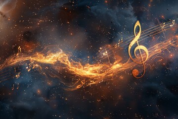 A vibrant musical note swirling through a cosmic backdrop, embodying the harmony of sound and the magic of the universe.