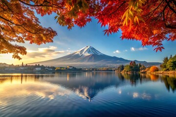 Stunning Morning View of Mount Fuji Reflected in Kawaguchiko Lake with Vibrant Colors and Clear Sky, High Depth of Field, Perfect Landscape Photography Inspiration