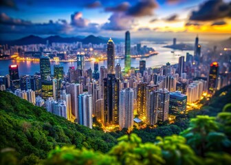 Fototapeta premium Stunning Tilt-Shift Photography of Hong Kong Skyline from Victoria Peak - Captivating Cityscape Overlooking a Vibrant Urban Landscape with Iconic Skyscrapers, Lights, and Natural Beauty