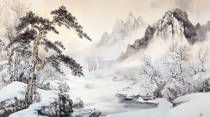 Obraz premium An exquisite winter landscape art piece capturing the serene beauty of snow-covered trees, gentle hills, and a tranquil sky. This stunning depiction showcases the delicate interplay of light 