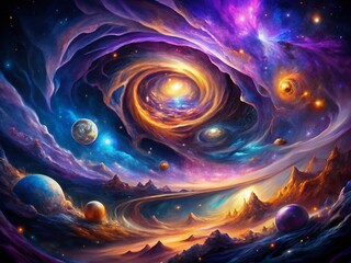 Obraz premium Surreal Galaxy Dreamscape with Purple, Blue, and Golden Swirls in an Abstract Magic Background