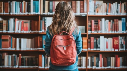 Young Student Standing in Front of Bookshelves