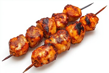 Close-up of deliciously charred grilled chicken skewers showcasing juicy, seasoned pieces on a skewer, photographed against a clean white background for appetizing appeal.
