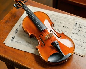 Naklejka premium A beautifully crafted violin rests on a sheet of music, showcasing its rich, warm color and elegant design, perfect for a musical setting.