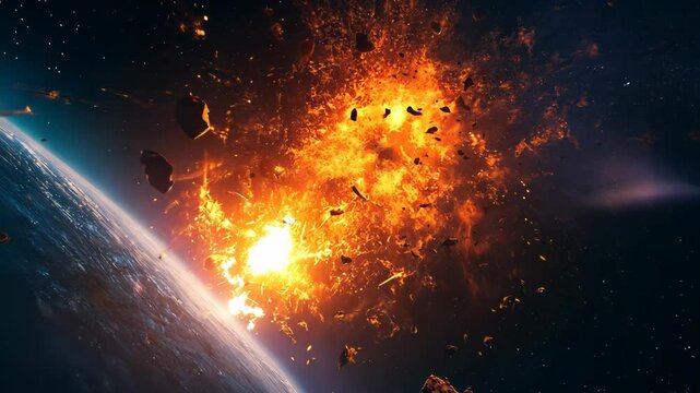 Cosmic Collision: A fiery explosion in space near planet earth