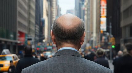 man in suit stands in busy city street, surrounded by pedestrians and yellow taxis. bustling urban...