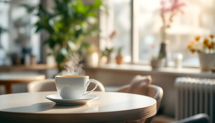 Fototapeta premium Minimalist Coffee Moment with Blurred Background Lights