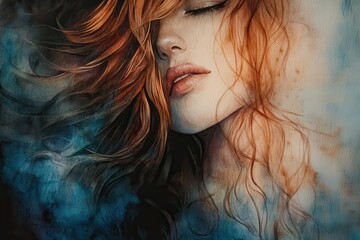 Fototapeta premium Elegant Portrait of Red-Haired Woman in Soft Colors