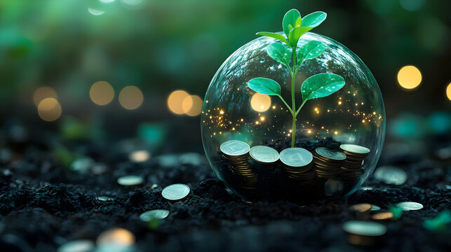Plant Growing in Glass Globe with Coins - Realistic Image