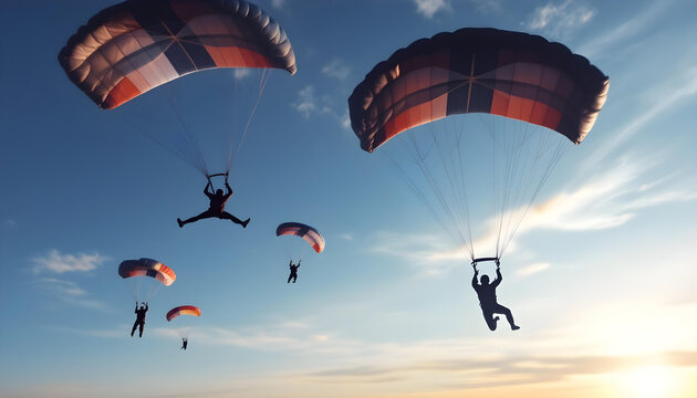 Parachutists Soaring Together Against a Dramatic Evening Sky