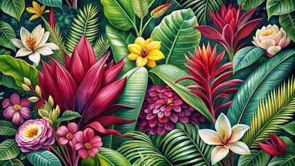 Fototapeta premium Tropical Botanical Composition with Exotic Leaves, Flowers, and Palm Trees for Vibrant Fashion Photography