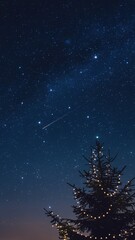 Naklejka premium Magical dark night sky with a shooting star over a glowing Christmas tree, perfect for a vertical winter holiday background.