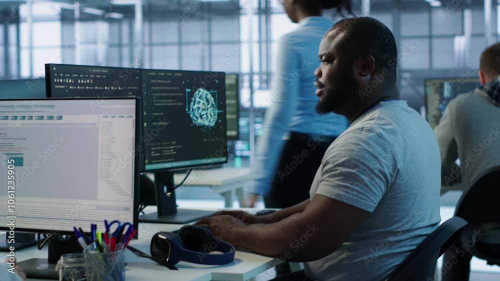 Poster engineer writing code and doing checkup on server room providing computing resources for different w