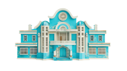 Architecture model of a blue building with decorative features.