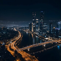Naklejka premium Beautiful shot of the city and the river at night