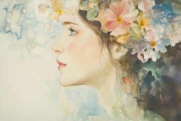 Serene Watercolor Portrait of a Woman with Flowers