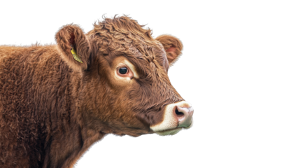 Brown cow head with soft features, white isolate background