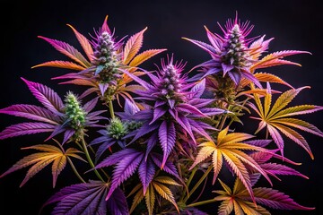 Vibrant Cannabis with Purple Leaves Isolated on Black Background - Flowering Marijuana Buds and Foliage in Panoramic View